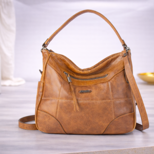 Mala em pele grande de ombro camel