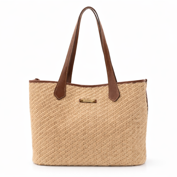 Mala em ráfia bege com alça de pele