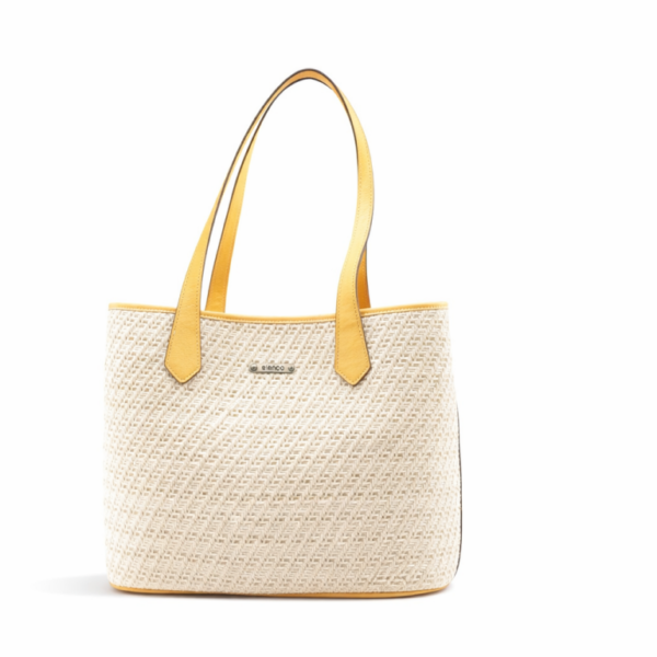 Mala em ráfia bege com alça de pele